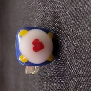 Adorable hand crafted blue and white red heart ring with adjustable base.